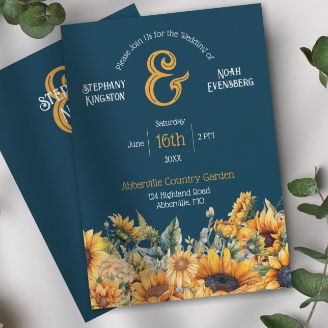 Convite Casamento de Girassol Azul Marinho Rústico (Elegant Navy Blue Rustic Sunflower and Ampersand Wedding Invitation)