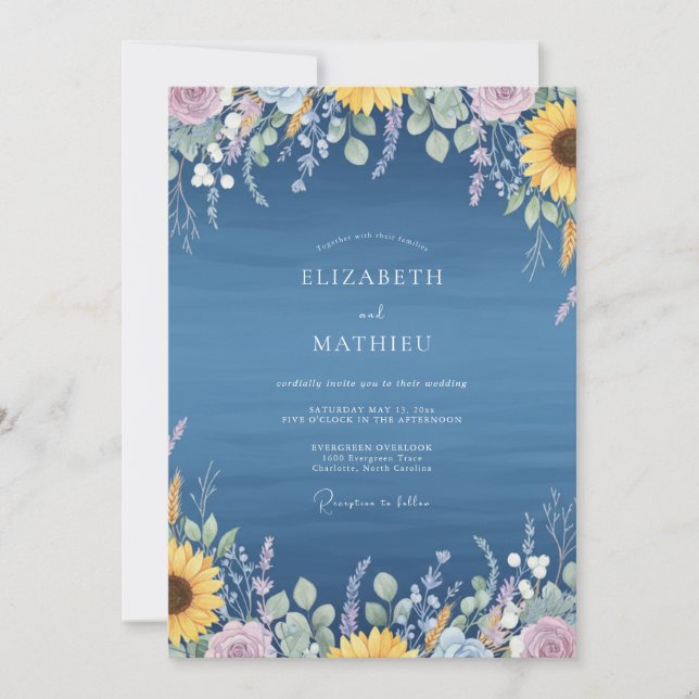 Convite Casamento de Girassol Azul Rustico Eucalipto (Frente)
