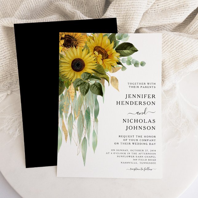 Convite Casamento De Girassol Branco E Preto Moderno (Modern Black And White Sunflower Wedding Invitation)