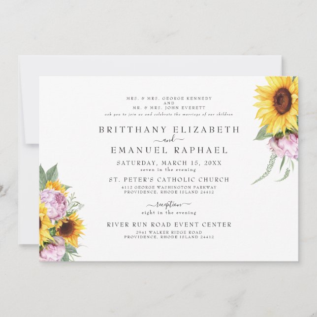 Convite Casamento de Girassol Branco Simples de Ambos os P (Frente)