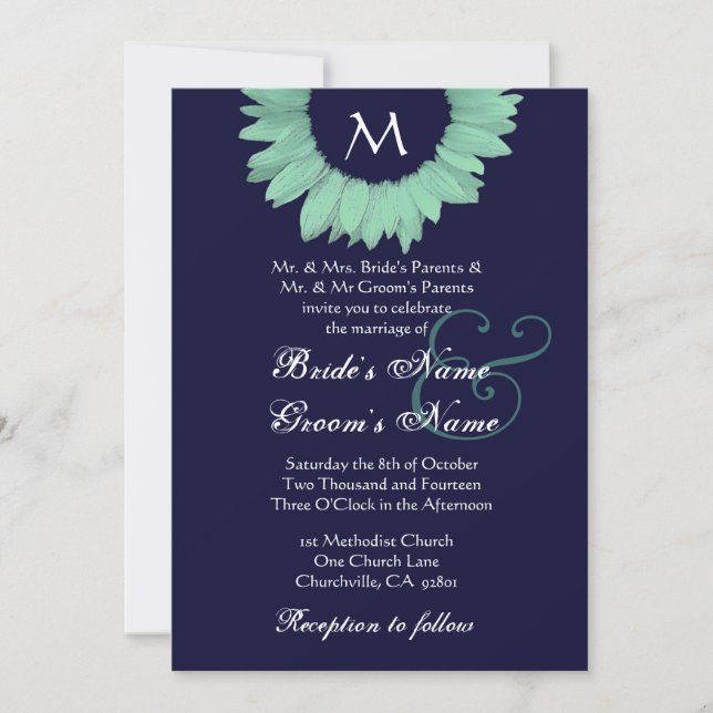 Convite Casamento de Girassol com Cor Verde e Meia-Noite (Frente)