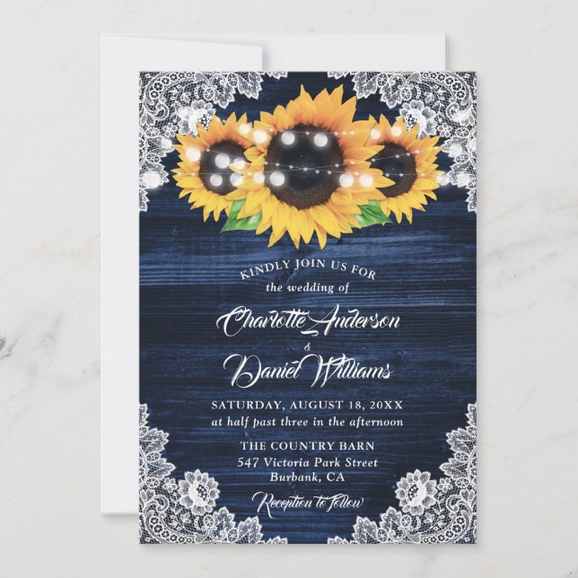 Convite Casamento de Girassol de Madeira Azul Marinho com  (Frente)
