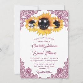 Convite Casamento de Girassol de Renda Floral Rosa Rústica