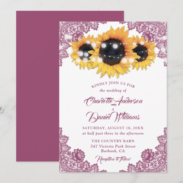 Convite Casamento de Girassol de Renda Floral Rosa Rústica (Frente/Verso)