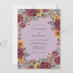 Convite Casamento de Girassol Dourado Eucalipto Borgonha