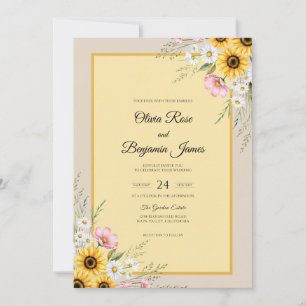 Convite Casamento de Girassol Dourado Margarida Eucalipto