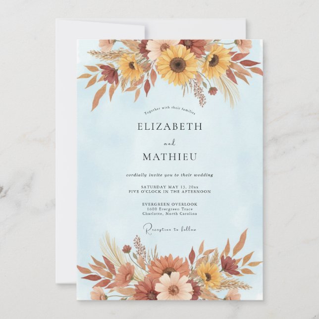 Convite Casamento de Girassol Dourado Outono Eucalipto (Frente)