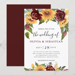 Convite Casamento de Girassol e Rosas Borgonha Vermelha