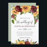 Convite Casamento de Girassol e Rosas Borgonha Vermelha<br><div class="desc">Girassol e Rosas Borgonha Vermelha Borgonha Convite para Casamento - O design espetacular apresenta flores e rosas vibrantes a aquarelas em vários tons de ouro, burgundy e vinho com verde natural. A escrita moderna e a tipografia única complementam o design. Você pode mudar facilmente a cor de fundo. Visualize nossa...</div>