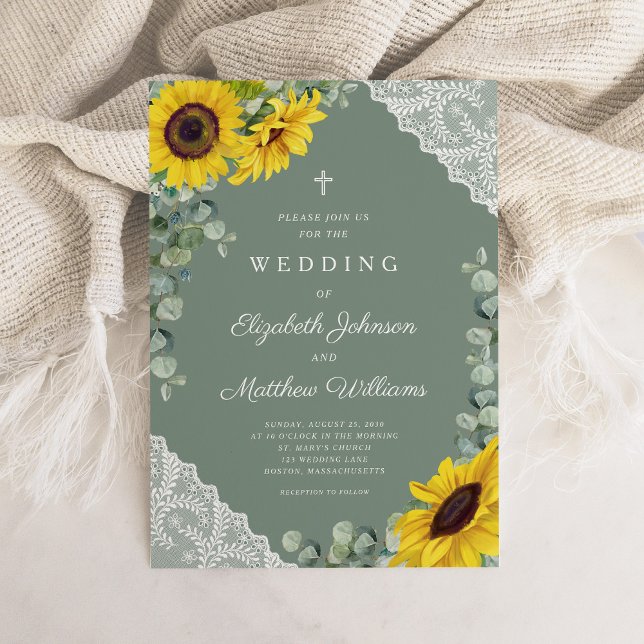 Convite Casamento de Girassol em Lugar Verde e Cruz Religi (Religious Cross Sage Green Lace Sunflower Wedding Invitation)