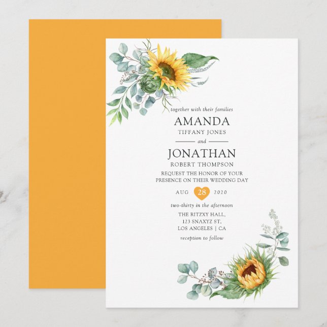 Convite Casamento de Girassol Eucalipto Boho (Frente/Verso)