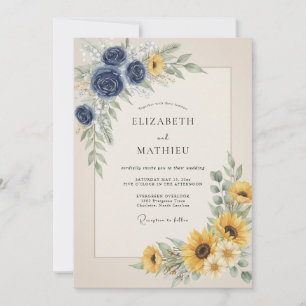 Convite Casamento de Girassol Eucalipto Dourado Índigo