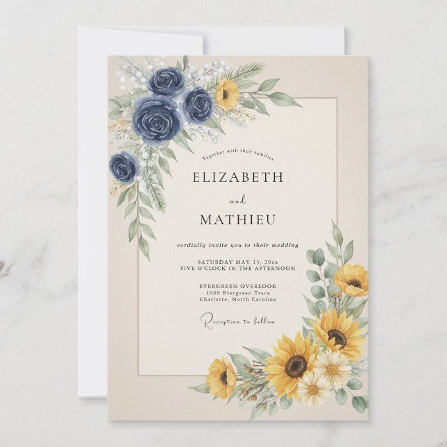 Convite Casamento de Girassol Eucalipto Dourado Índigo (Frente)