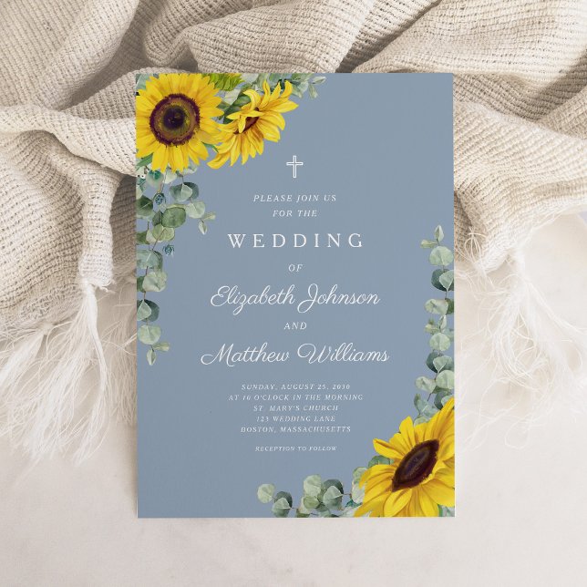 Convite Casamento de Girassol Floral Azul com Derrame Reli (Religious Dusty Blue Floral Sunflower Wedding Invitation)