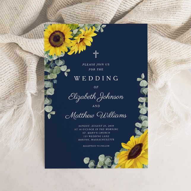 Convite Casamento de Girassol Floral Azul, Marinho Religio (Religious Navy Blue Floral Sunflower Wedding Invitation)