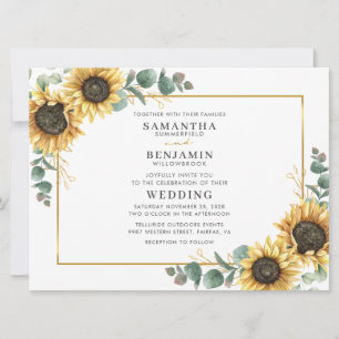 Convite Casamento de Girassol Floral e Folhagem de Eucalip