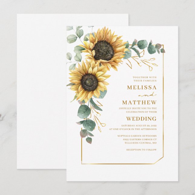 Convite Casamento de Girassol Floral Eucalipto Verde (Frente/Verso)