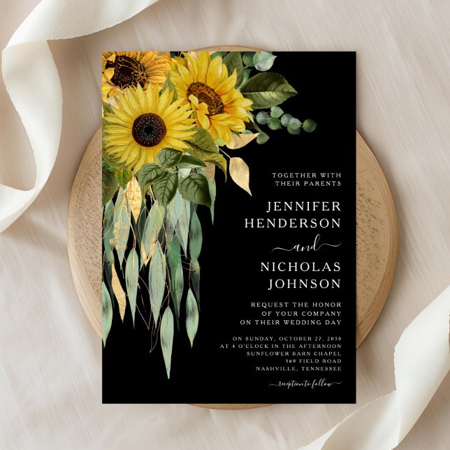 Convite Casamento de Girassol Negro Moderno (Modern Black Sunflower Wedding Invitation)