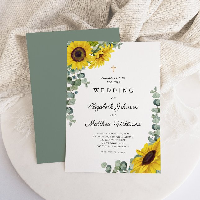 Convite Casamento de Girassol Verde Sage Religioso (Religious Sage Green Sunflower Wedding Invitation)