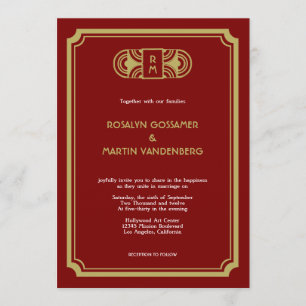 Convite Casamento de glam com o Red Velvet art deco retro 