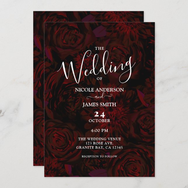 Convite Casamento de Glam das Flores Românticas Vermelhas  (Frente/Verso)