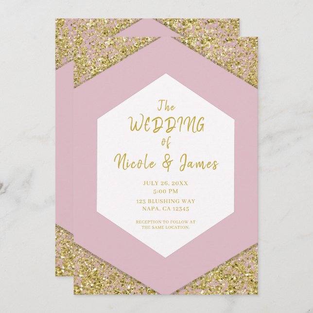 Convite Casamento de Glam Flocos Glitter Dourado Cinza-Ros (Frente/Verso)
