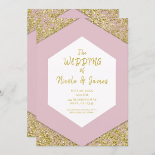Convite Casamento de Glam Flocos Glitter Dourado Cinza-Ros