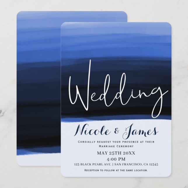 Convite Casamento de Glam Moderno com Aquarela Azul Oceâni (Frente/Verso)