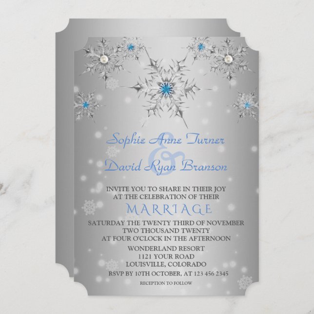 Convite Casamento de Glam Silver Snowflakes Crystal Blue P (Frente/Verso)