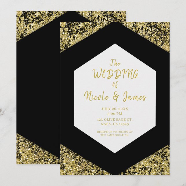 Convite Casamento de Glama Dourado Glitter Negro Moderno (Frente/Verso)