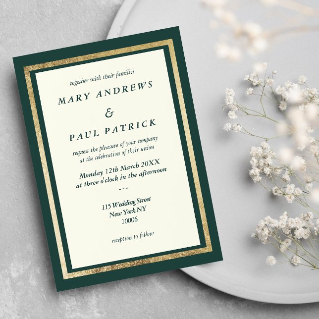 Convite Casamento de glama verde da floresta de ouro marfi (Elegant ivory gold forest green glam Wedding)