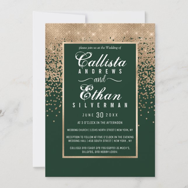 Convite Casamento de Glitter Confetti Dourado Verde da Flo (Frente)