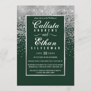 Convite Casamento de Glitter Confetti Silver Verde Florest
