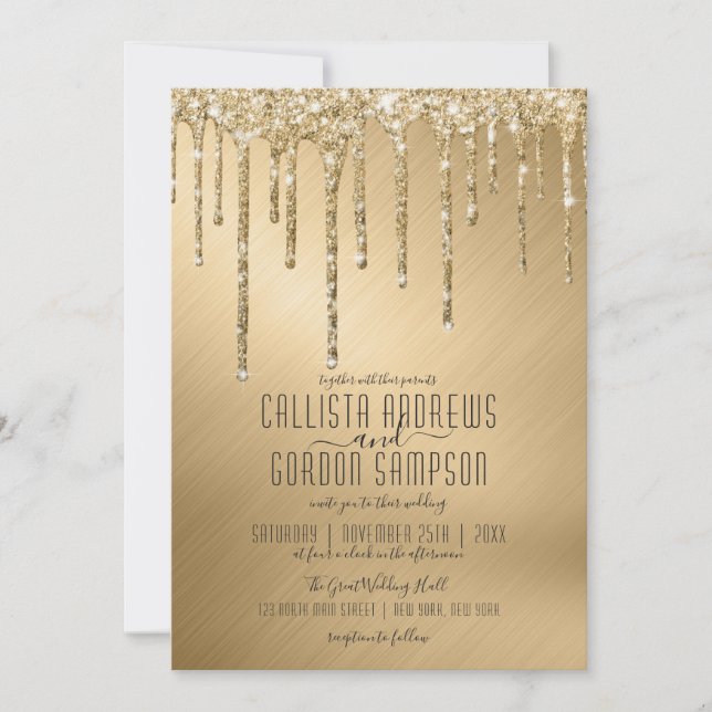 Convite Casamento de Glitter Dourado Luxury Sparkly (Frente)
