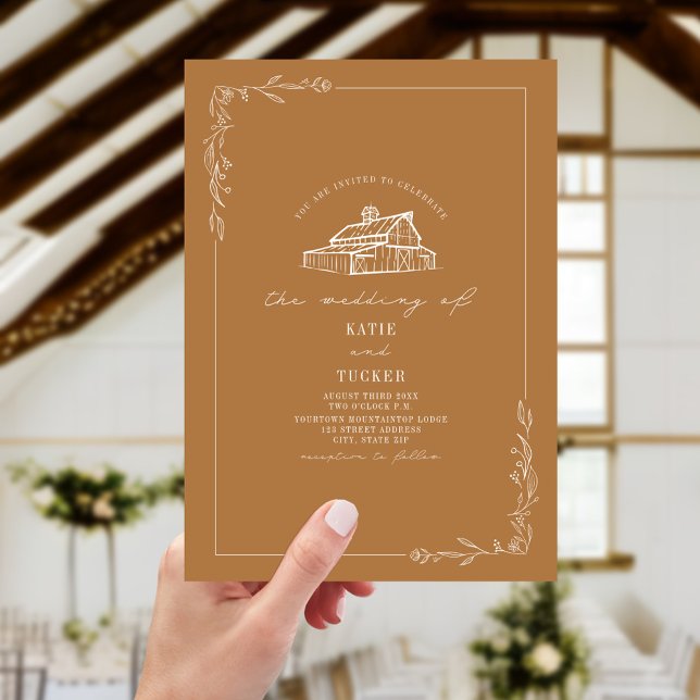 Convite Casamento de Goldenrod Barn Rustic Line Art (Criador carregado)