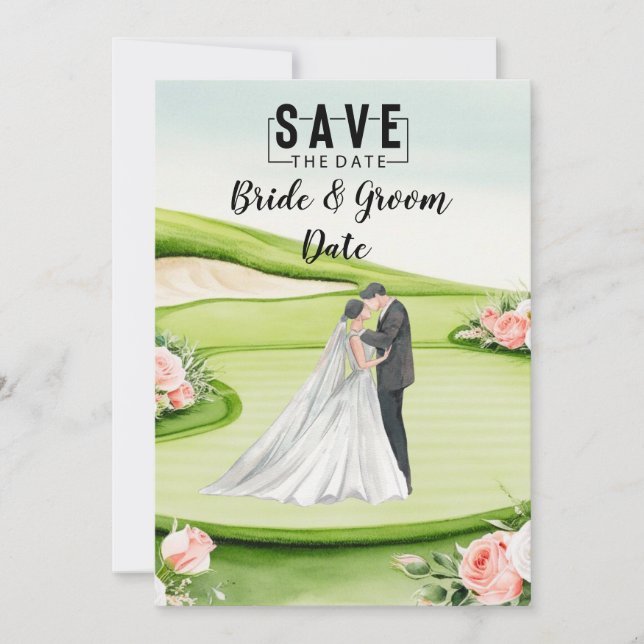 Convite Casamento de Golfe com noiva e noivo em verde (Frente)