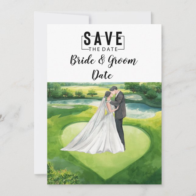 Convite Casamento de Golfe com noiva e noivo no green (Frente)