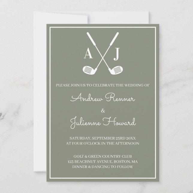 Convite Casamento de Golfe em Verde Salvia (Frente)
