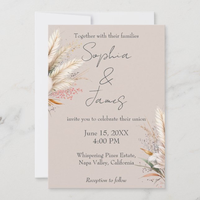 Convite Casamento de Grama de Pampas Boho Bege Claro (Frente)