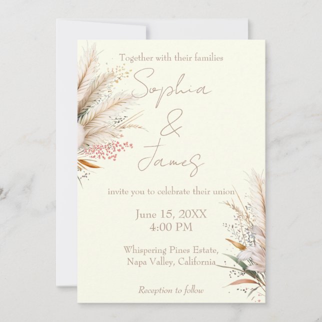 Convite Casamento de Grama de Pampas Boho Marfim (Frente)