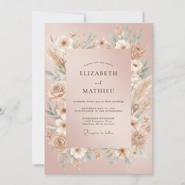 Convite Casamento de Grama de Pampas Eucalipto Rosa (Frente)