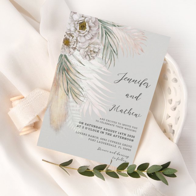 Convite Casamento de Grama de Pampas Verde Rústica & Flora (Criador carregado)