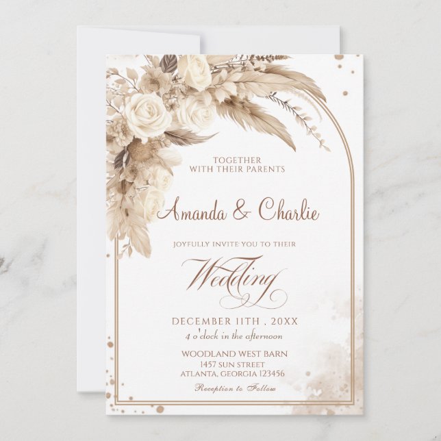 Convite Casamento de Grama Pampas Boho  (Frente)