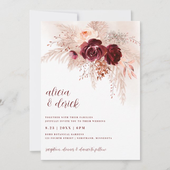 Convite Casamento de Grama Pampas Boho Rosas Borgonha (Frente)
