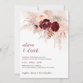Convite Casamento de Grama Pampas Boho Rosas Borgonha