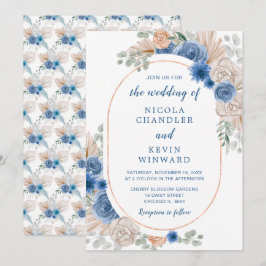 Convite Casamento de Grass Boho Pampas Azul