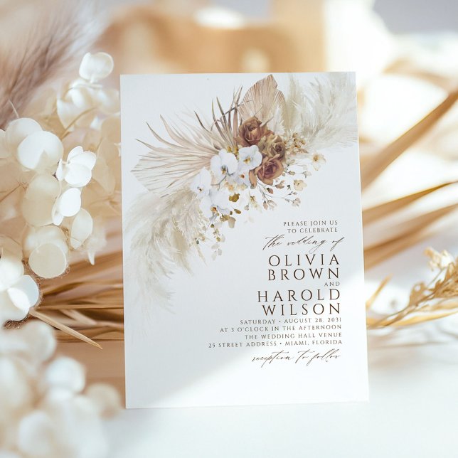 Convite Casamento de Grass de Pampas Elegantes Flores Terr (Dried Foliage Boho Wedding Invitations)