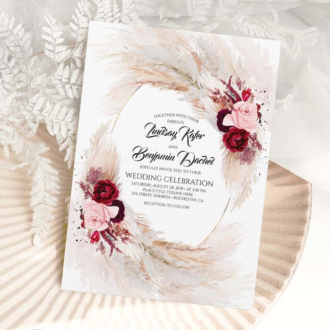 Convite Casamento de Grass de Pampas Florais Vermelhas e R (Burgundy Red and Pink Flowers and Pampas Grass Boho Wedding Invitations)