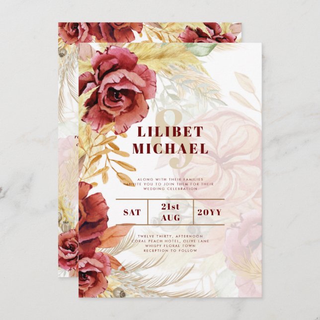 Convite Casamento de Grass Rosa Pampas Burgundy BOHO (Frente/Verso)