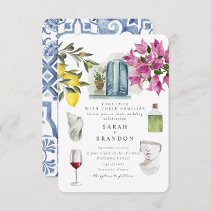 Convite Casamento de Grécia Azul-Azul-azulejo de Aquarela